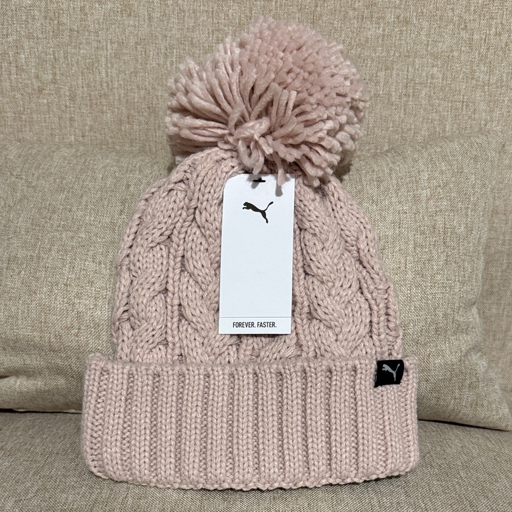 Puma Pale Pink Cable Knit Pom Pom Beanie